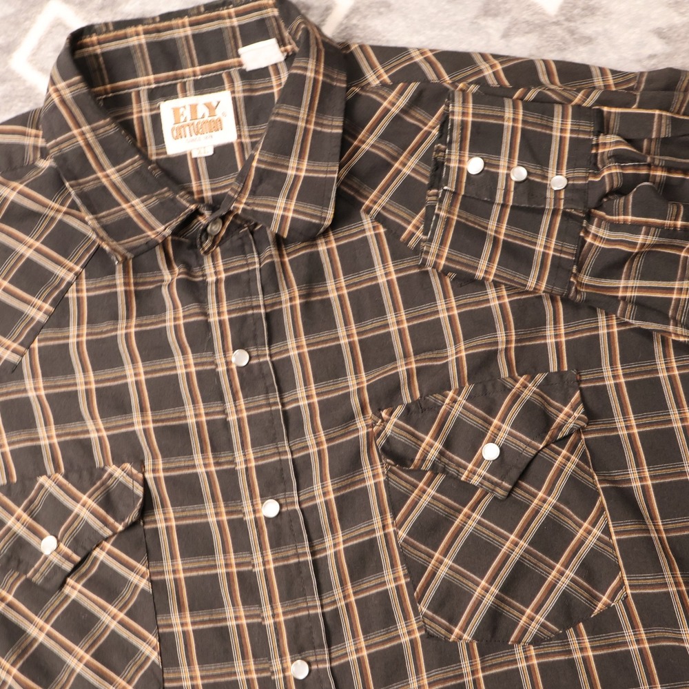 Ely Cattleman Western Pearl Snap Plaid Shirt Brown Tan Mens XL Long Sleeve